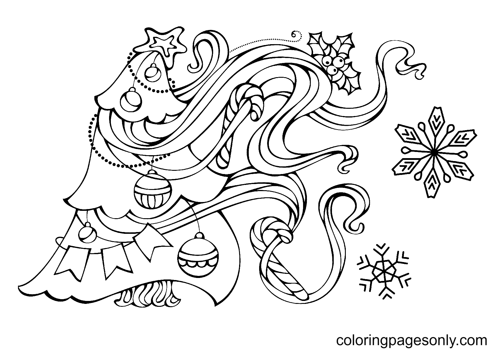 Wind Blowing Christmas Tree Coloring Page