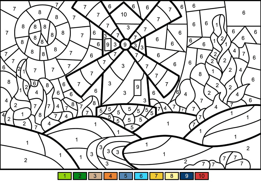 Windmill Color by Number Coloring Pages