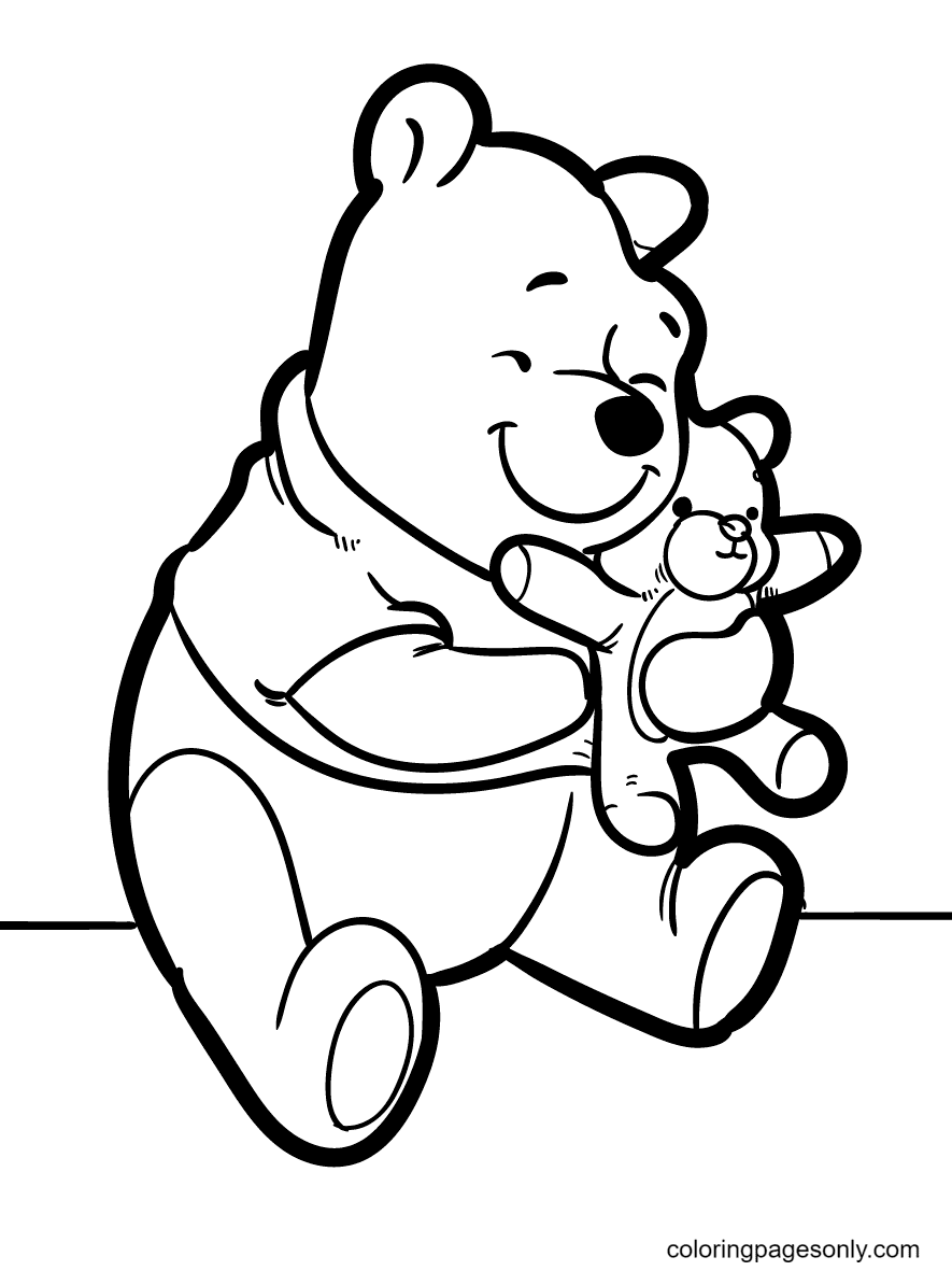 Winnie Hugging a Cute Teddy Bear Coloring Page