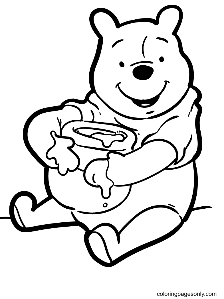 Dibujo para colorear de Winnie the Pooh abraza un tarro de miel