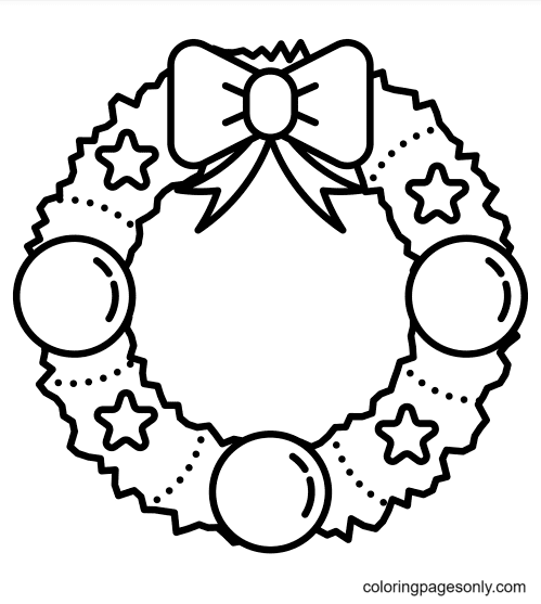 Wreath with Bow, Star and Ball Christmas Coloring Page