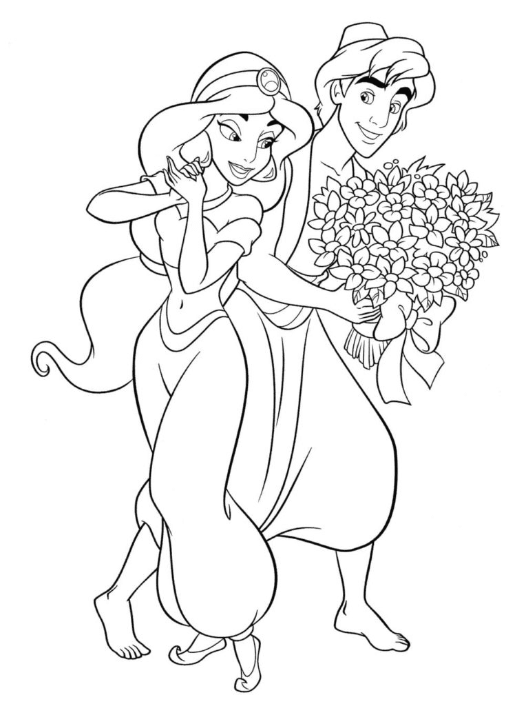Aladdin gave Jasmine flowers Coloring Page