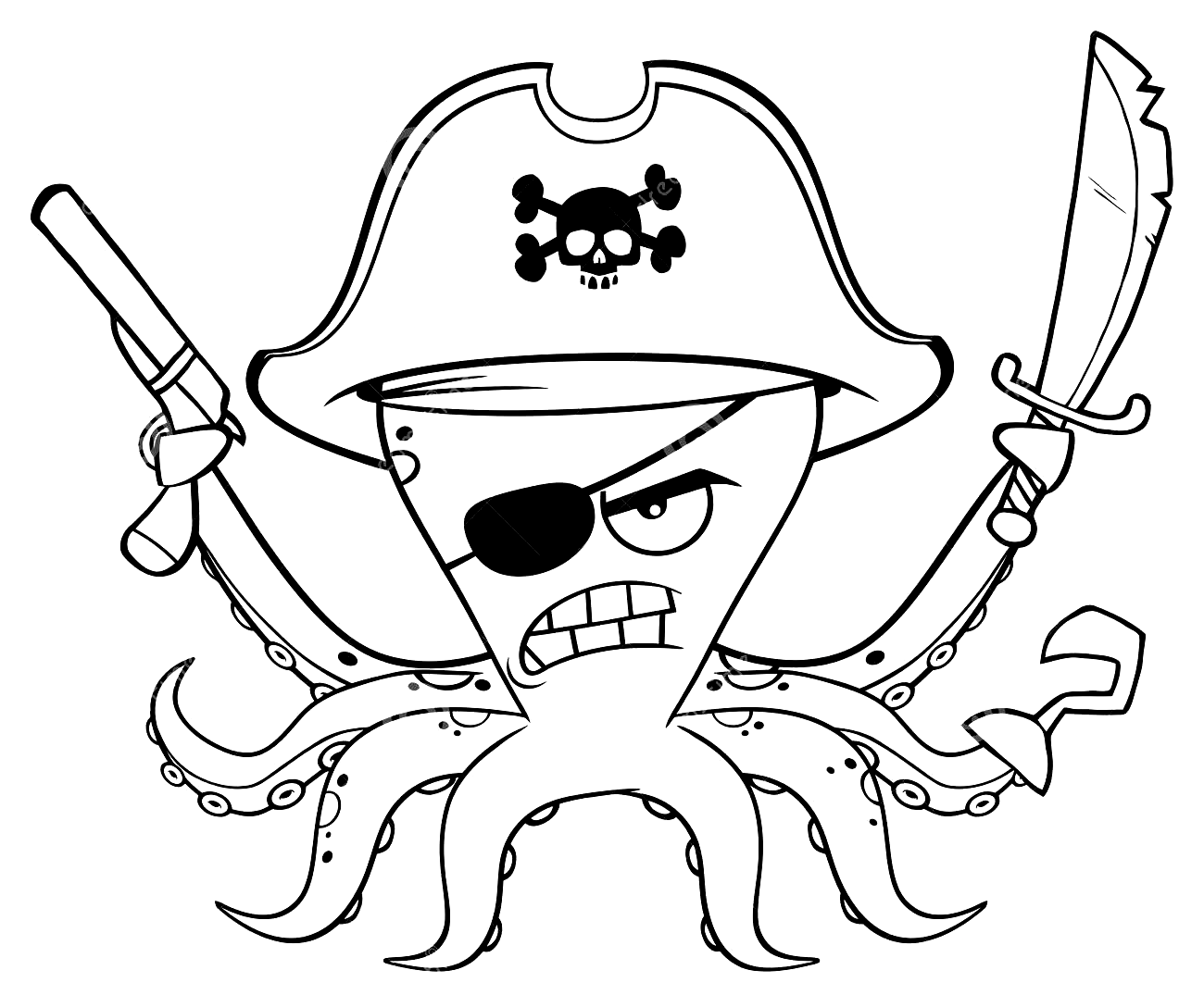 Dibujo para colorear pulpo pirata enojado
