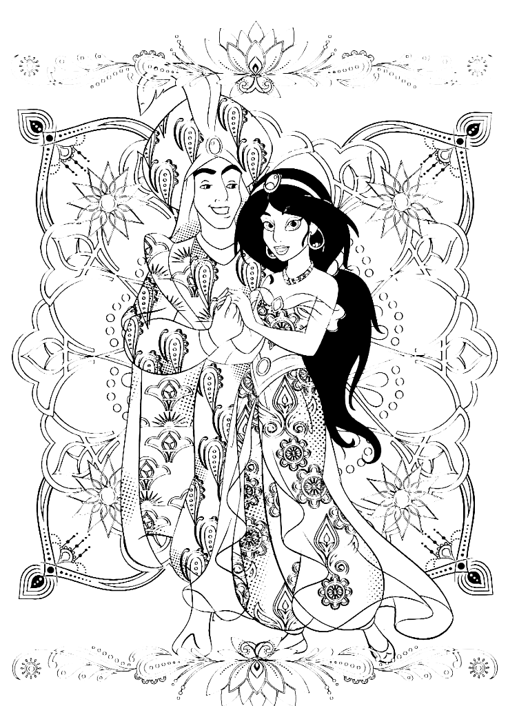 Antistress Jasmine and Aladdin Coloring Page
