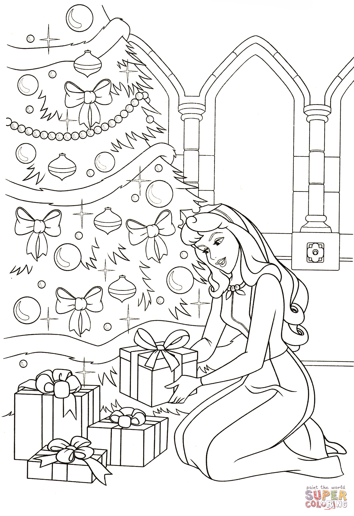 Aurora legt alle geschenken van Doornroosje onder de boom