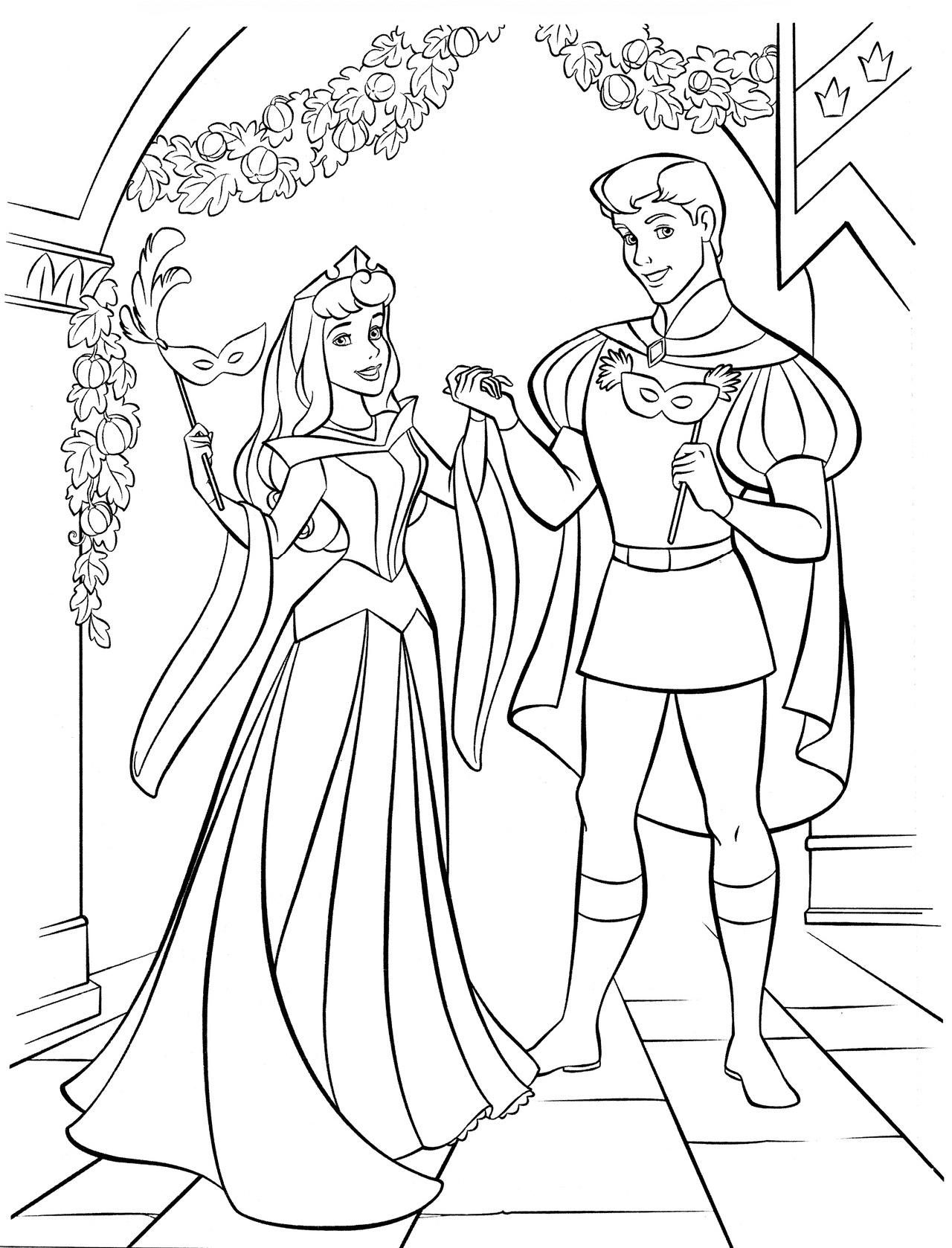 Aurora and Phillip are Hosting a Masked Ball Coloring Page