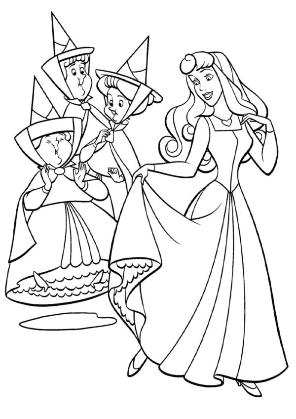 Aurora and Three Fairies Coloring Page