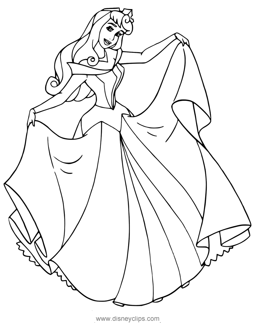 Dibujo de Aurora mostrando su vestido para colorear
