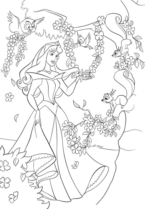 Aurora with Birds and animals Coloring Page