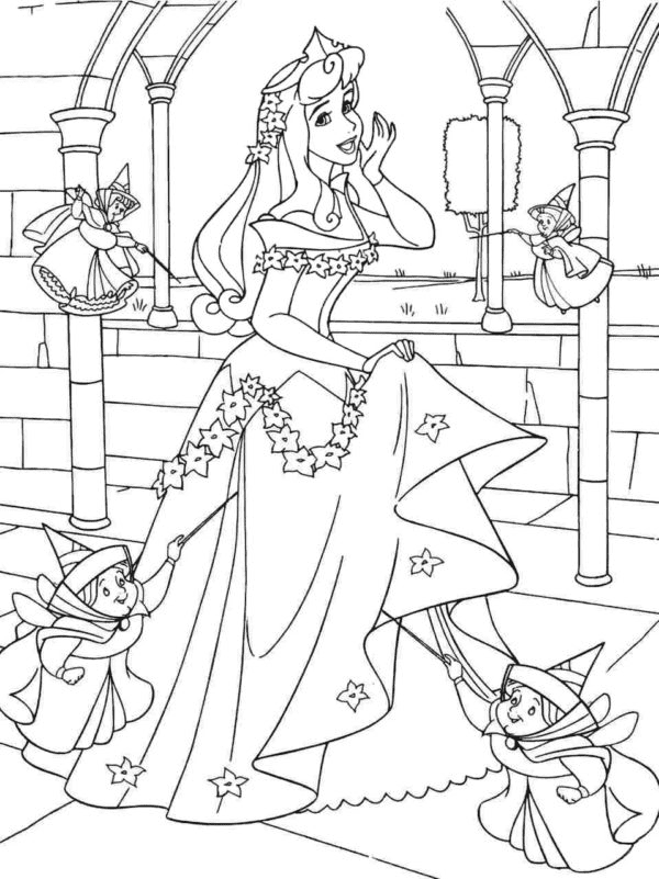 Aurora with Good Fairies Coloring Page