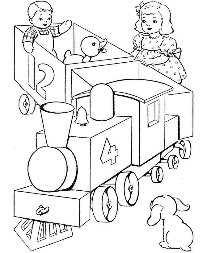 Baby's en speelgoed op een trein Kleurplaat
