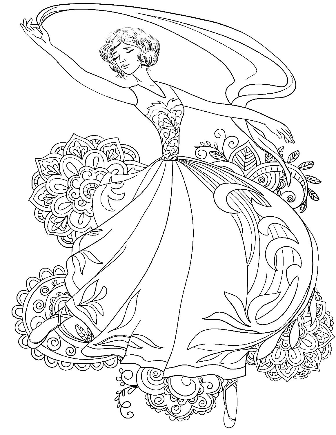 Desenho de bailarina dançando com xale para colorir