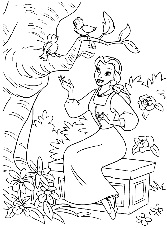 Belle Playing With Two Birds Coloring Pages