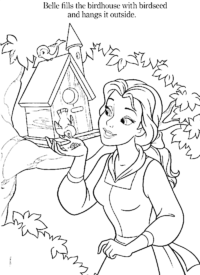 Belle with Two Birds next to Birdhouse Coloring Page