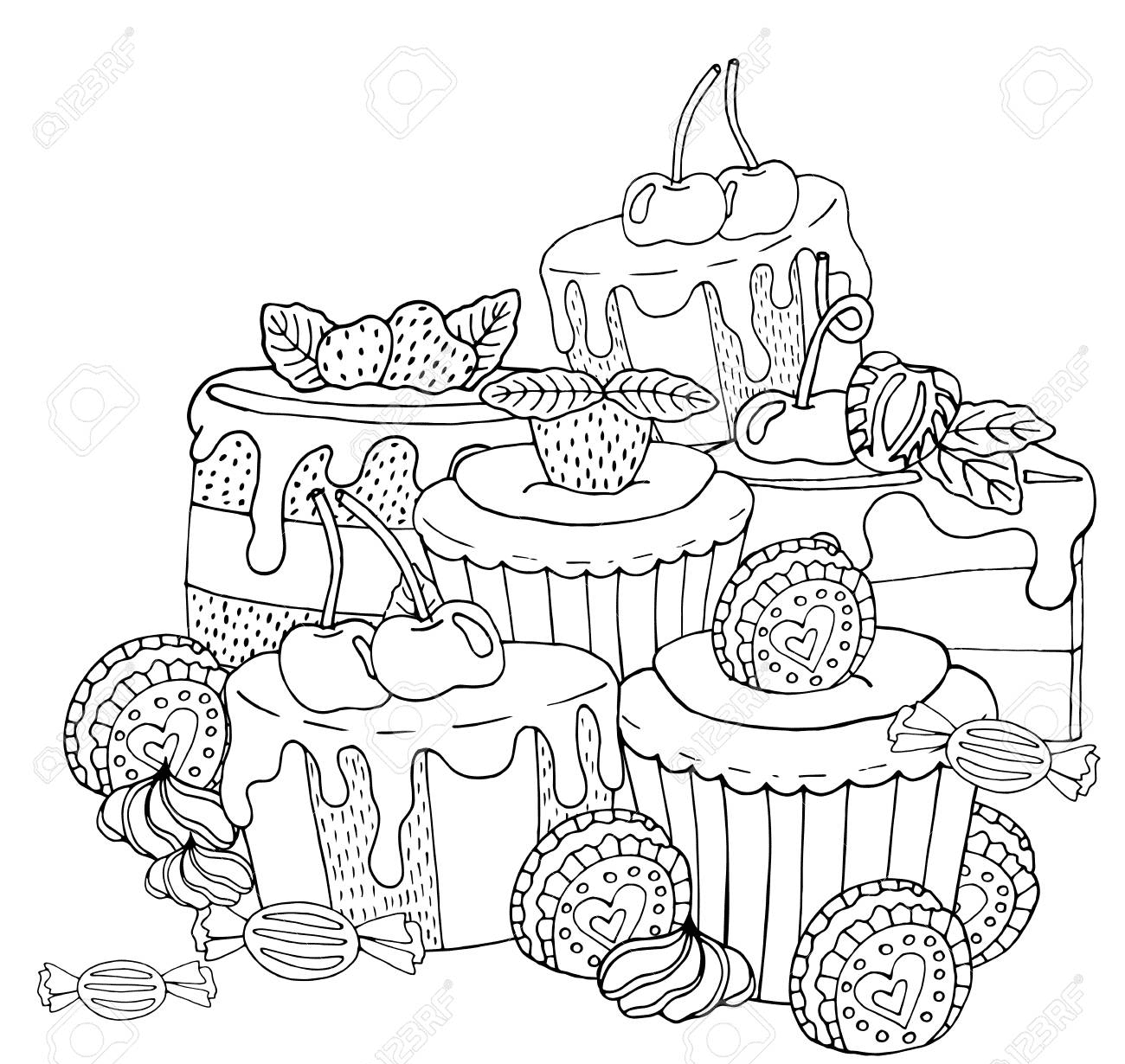 Cake Fruits with Cupcake and Candy Coloring Page