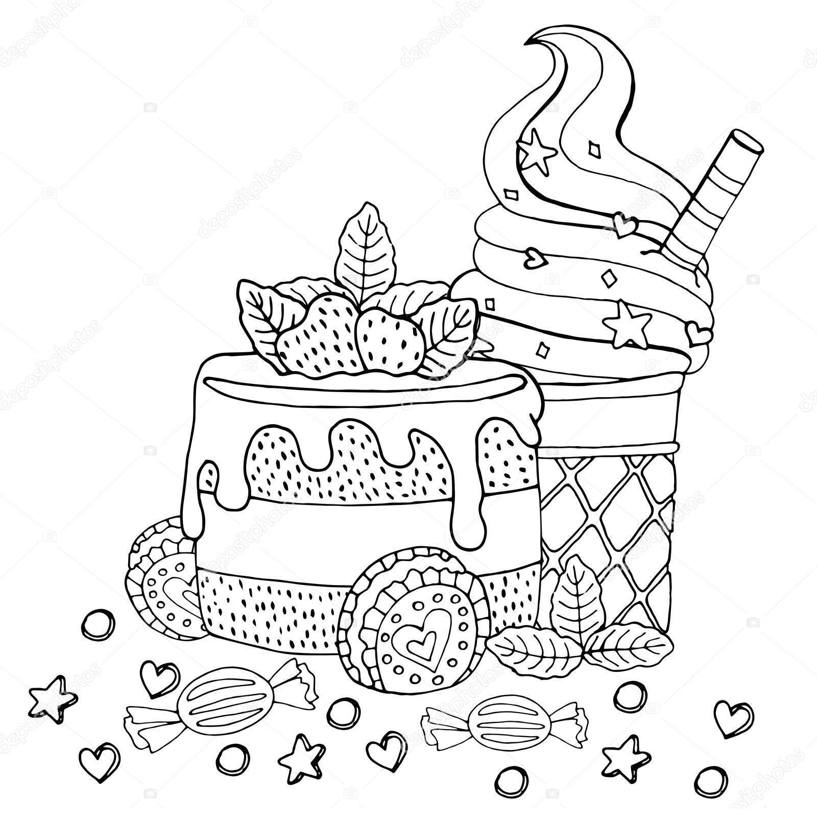 Cake with Cupcake, Candy and Ice cream Coloring Page