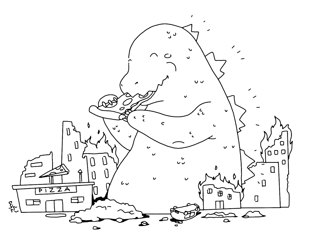 Godzilla cartone animato che mangia pizza da Godzilla