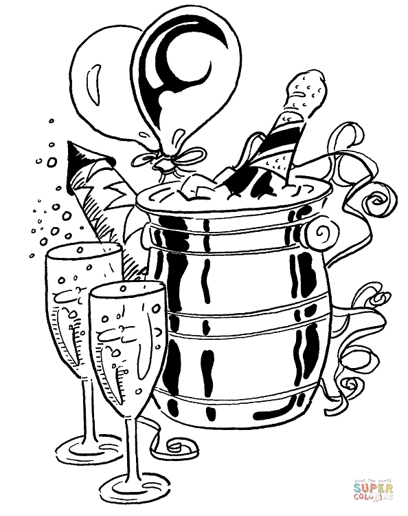 Champagne with glasses and balloons Coloring Page