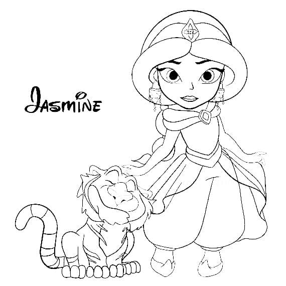 Chibi Jasmine and Tiger Coloring Page