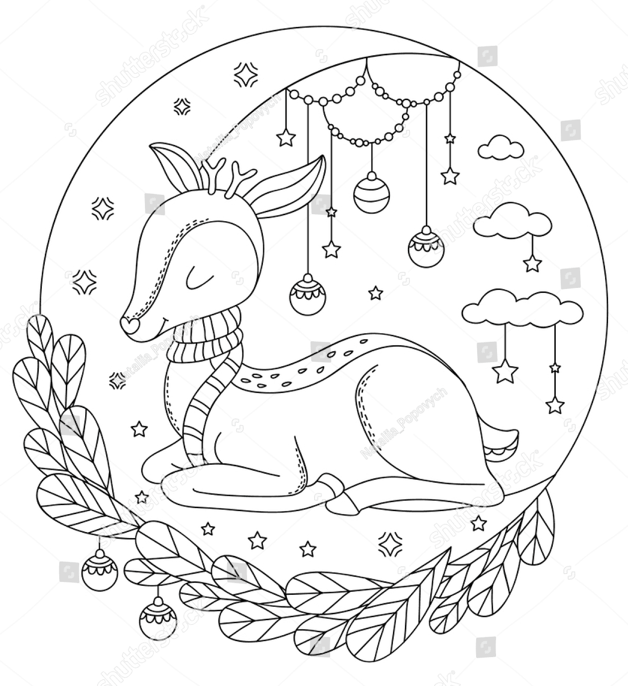 Christmas Deer on the Moon Coloring Page