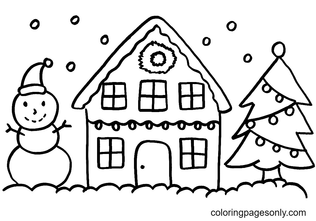 Weihnachtshaus mit Baum und Schneemann von Weihnachten 2022