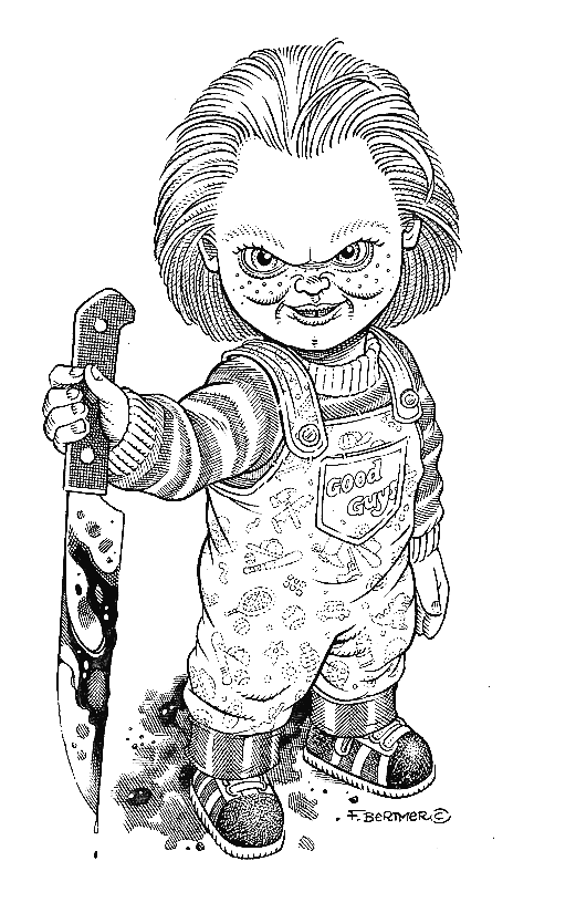 Chucky nella pagina da colorare di un gioco da ragazzi