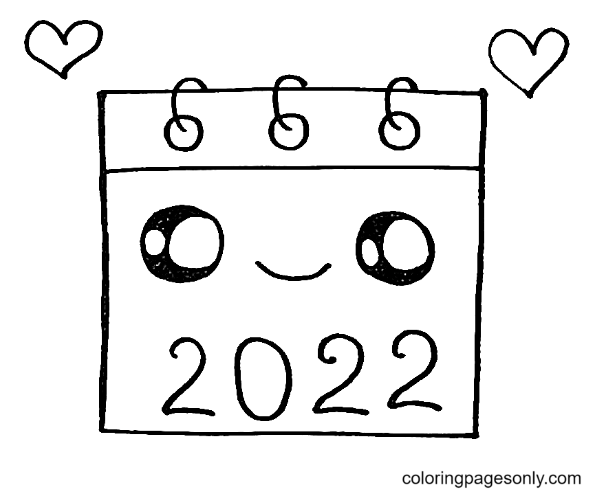 Cute New Year Calendar 2022 Coloring Page