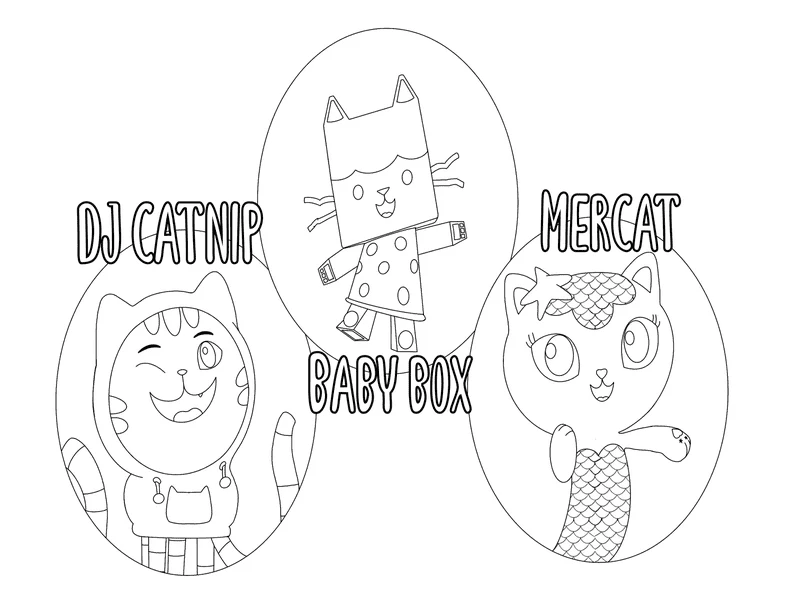 DJ Catnip, BabyBoxCat, and Mercat Coloring Page