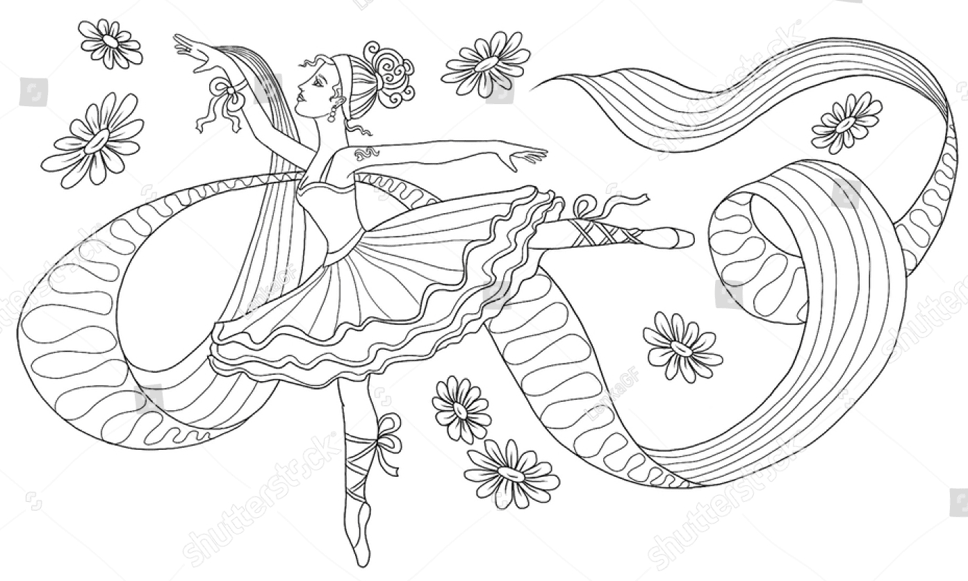 Desenho de bailarina dançando com uma fita para colorir