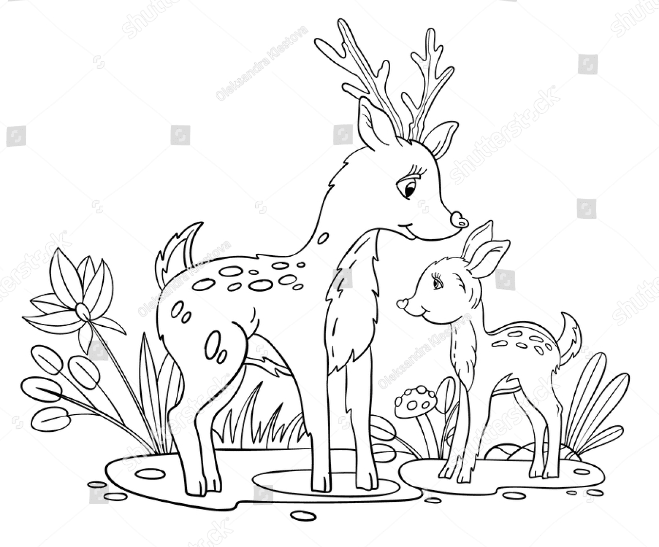 Deer Mother and Her Baby Coloring Page