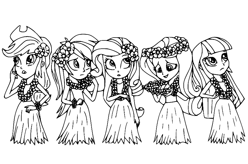 Five Equestria Girls in Hula Skirt Coloring Pages