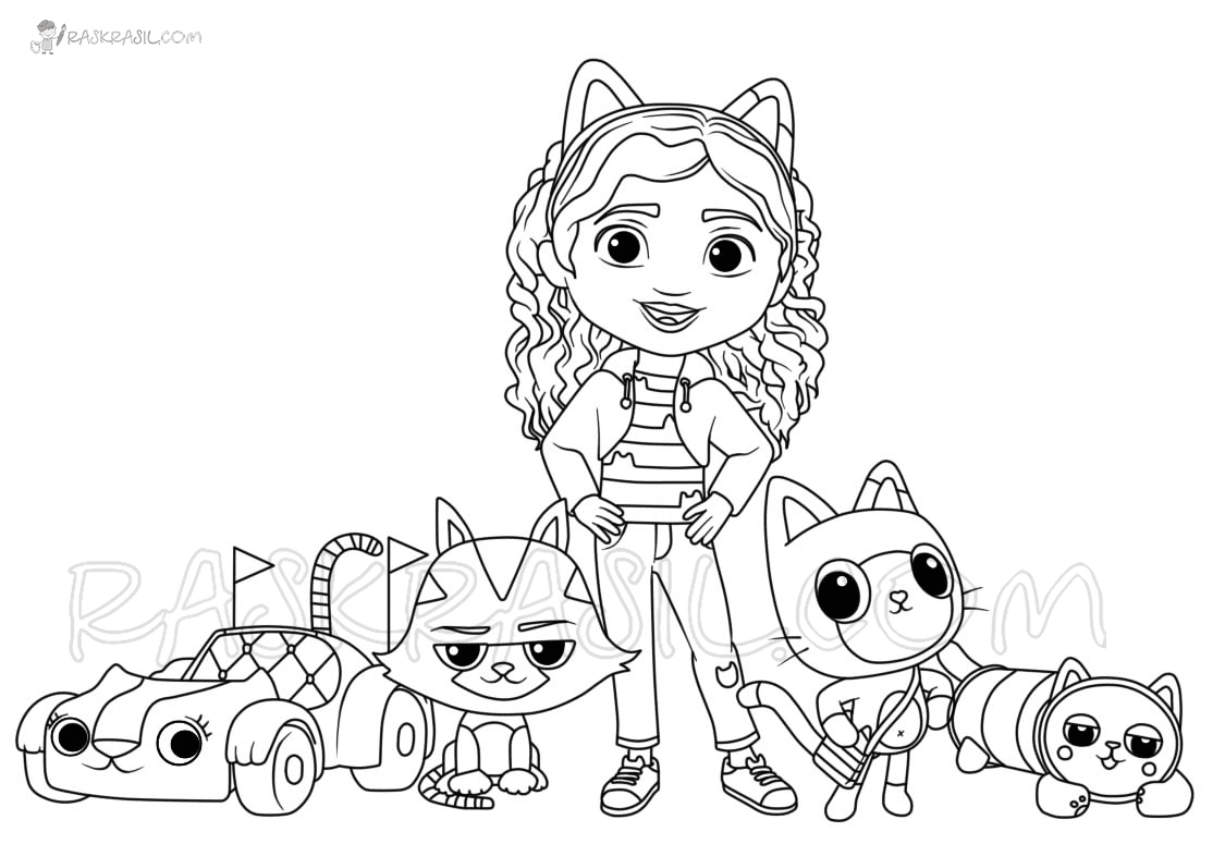 Gabby, Carlita, Catrat, Pandy Paws en Pillow Cat uit Gabby's poppenhuis