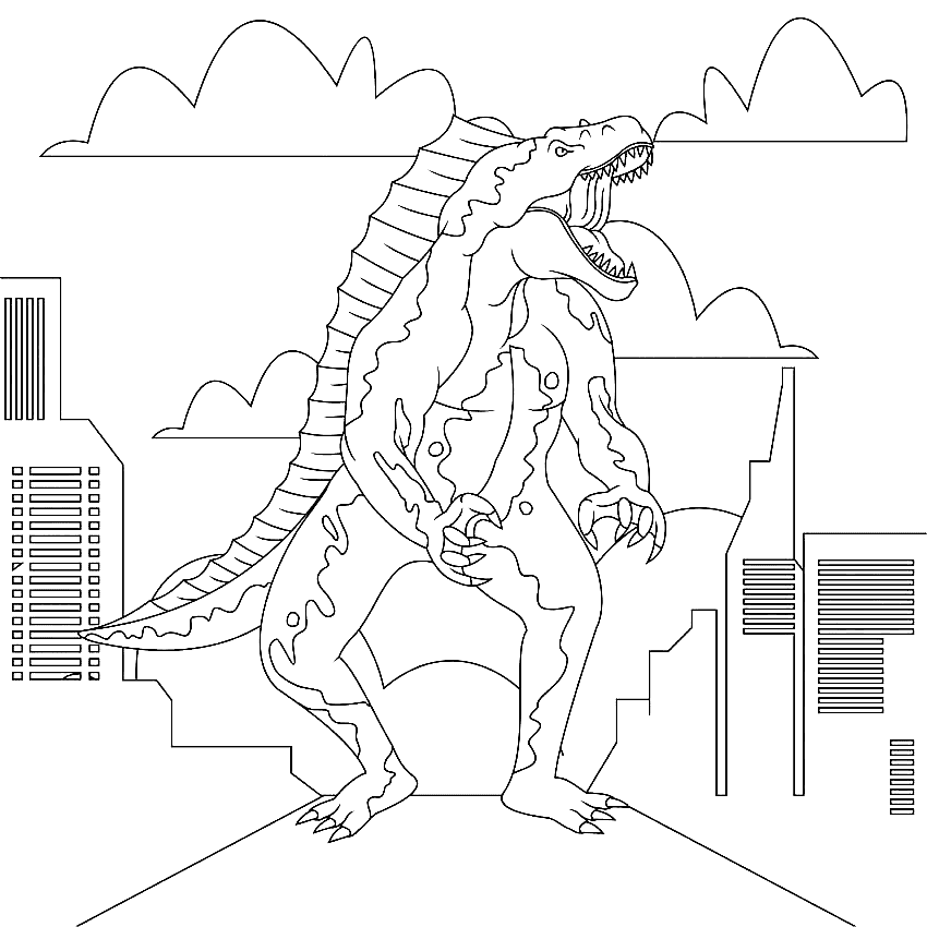 Godzilla nella pagina da colorare della città