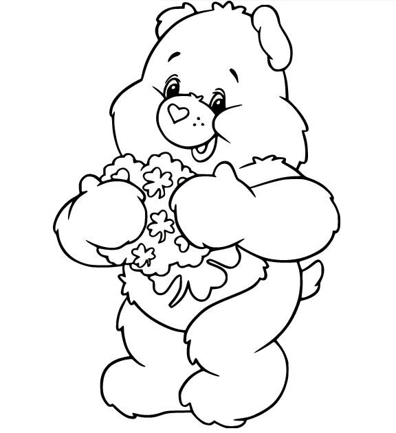 L'ours porte-bonheur tient les fleurs des Bisounours