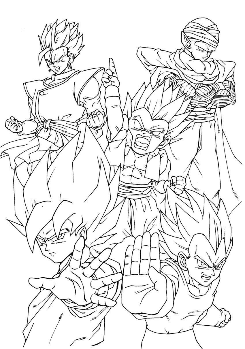 Gotenks, Vegeta, Songoku, Piccolo en Songohan uit Dragon Ball Z