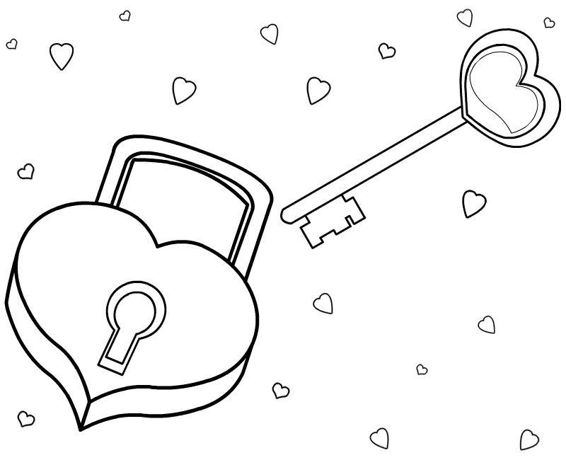 Heart Lock and Key Love Coloring Page