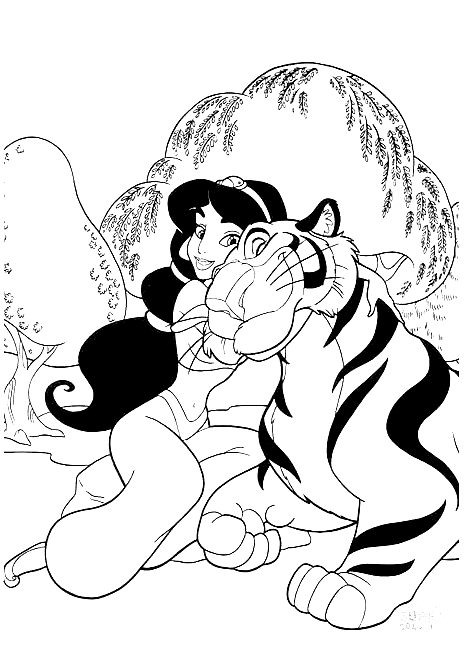Jasmine And Rajah  from Aladdin Coloring Page