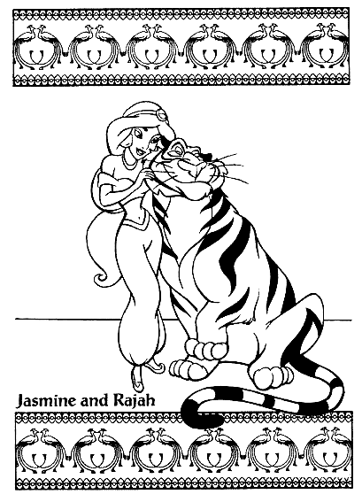 Jasmine And Rajah from Aladdin Coloring Page
