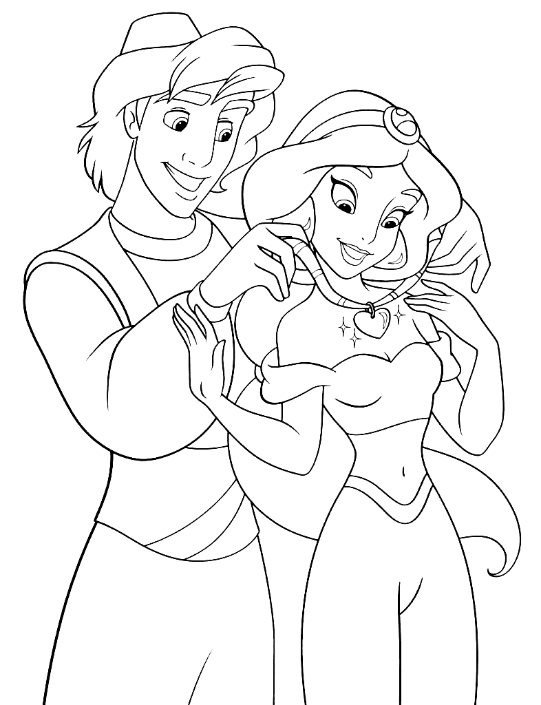 Jasmine and Aladdin from Aladdin Coloring Page