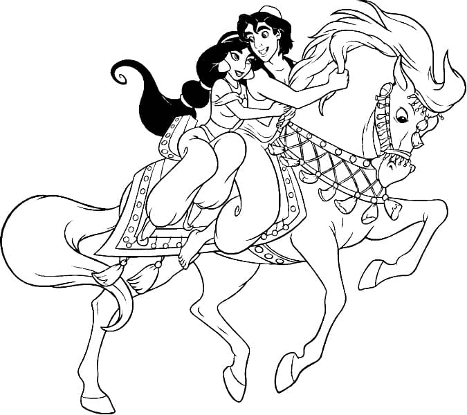 Jasmine and Aladdin on horseback Coloring Page