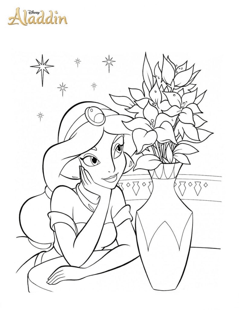 Jasmine and a vase of flowers Coloring Page