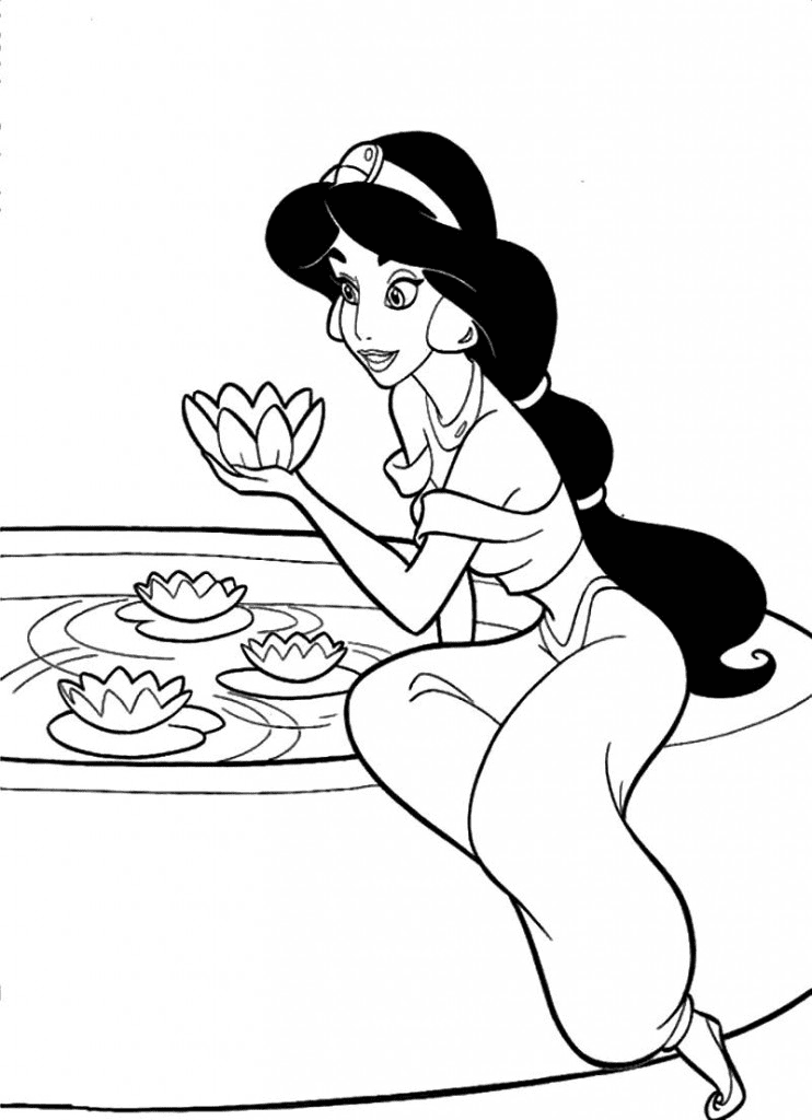 Desenho de Princesa Jasmine segurando uma flor de lótus para colorir