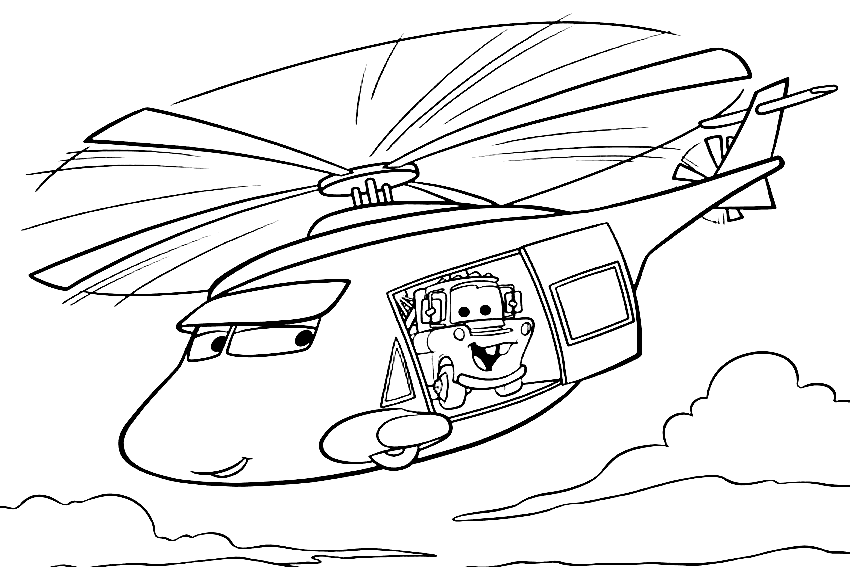 Lightning McQueen and Helicopter Coloring Pages