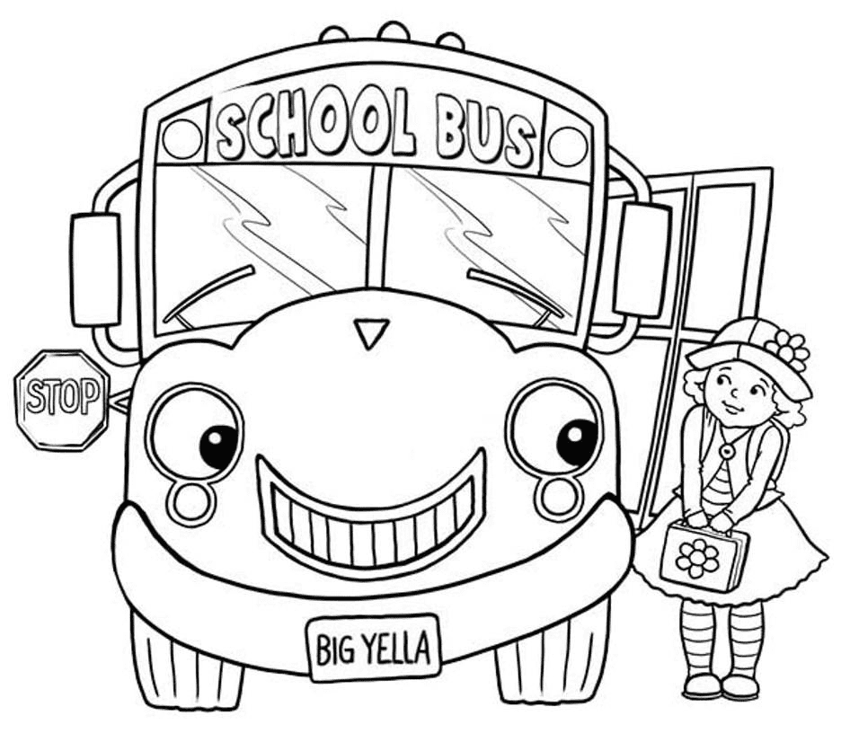 Kleurplaat klein meisje en schoolbus