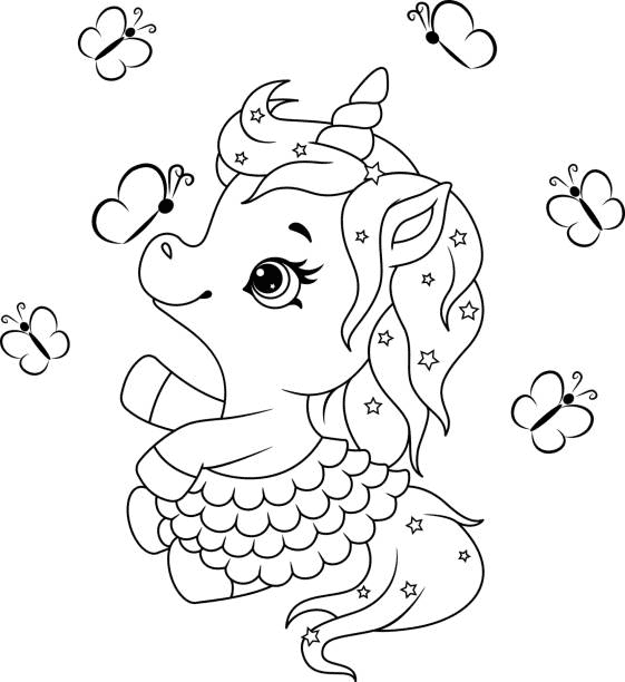 Little Unicorn Playing With Butterflies Coloring Page