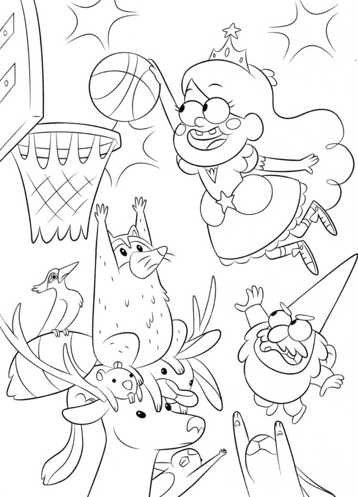 Mabel speelt basketbal met dieren uit Gravity Falls