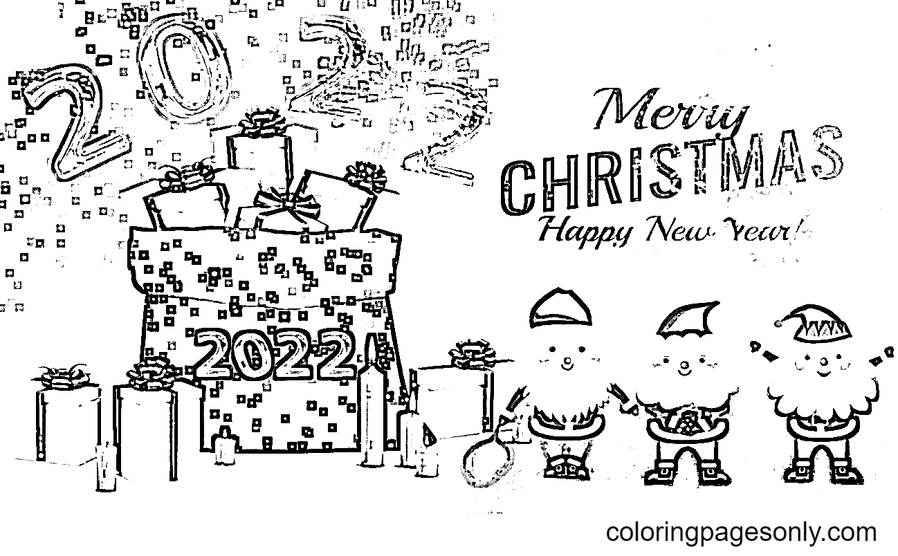 Merry Christmas & Happy New Year 2022 Coloring Pages - Happy New Year