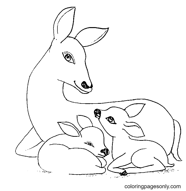 Mother Deer with Her Two Babies Coloring Pages