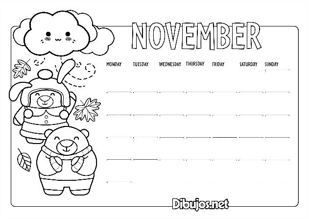 November Calendar Free Coloring Page