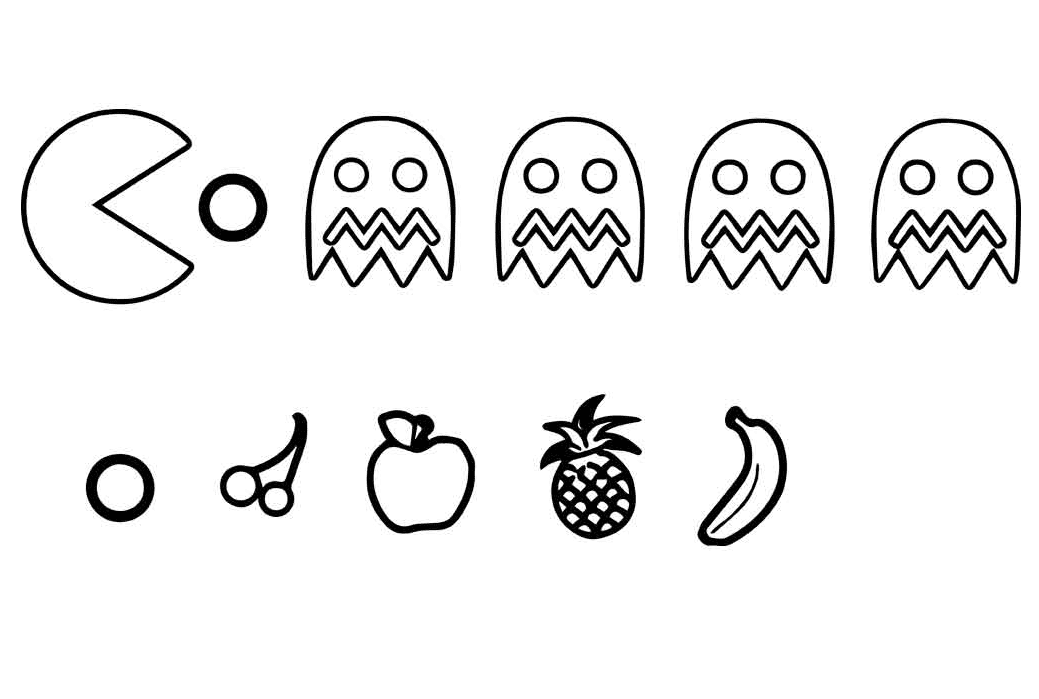 Раскраска Pacman ест призраков и фрукты